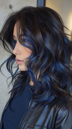 Dyed Hair Black And Blue, Short Black Hair With Blue Streaks, Blue Black Hair With Silver Highlights, Blue Hair Haircut, Navy Blue Chunky Highlights, Blue Colour Hair Highlights, Black Hair With Fun Colors, Black Hair Blue Highlights Short, Hair Blue Highlights For Dark Hair