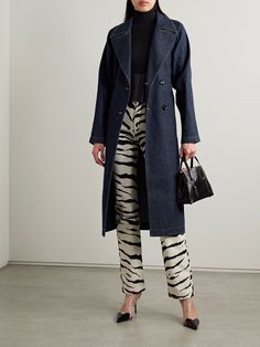 ALAÏA Archetypes double-breasted belted denim trench coat | NET-A-PORTER Mode Mantel, Denim Coat Women, Denim Trench Coat, Blue Trench Coat, Blue Coat, Trench Coat Black, Blue Coats, Trench Coats Women, Printed Denim