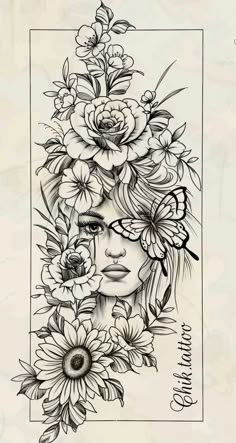 a drawing of a woman with flowers in her hair and butterflies on her head,