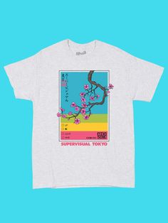 Retro VHS cherry blossom graphic t-shirt. Spring Aesthetic Graphic Print T-shirt, Spring Aesthetic Graphic T-shirt, Warakami Vaporwave, Buying Stuff, Knit Cotton, Neck Collar, Artwork Design, Knit Jersey, Custom Print