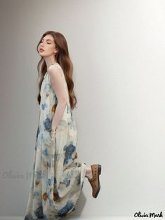 Olivia Mark - Ink Painting Sleeveless Dress: Vintage and Artistic Long Dress Artistic Floral Print Spring Dresses, Artistic Spring Floral Print Dresses, Artistic Floral Print Summer Dress, Artistic Multicolor Sleeveless Dress, Dress Collar, Spaghetti Strap Maxi Dress, Long Dress Casual, Tank Top Dress, Home Dress