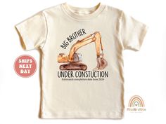 Celebrate a growing family with this adorable "Big Brother Under Construction" t-shirt! Perfect for sibling announcements or as a gift for a soon-to-be big brother. It is a t-shirt that can be personalized with month and year.Featuring a fun construction truck design, this shirt is soft, comfortable, and ideal for everyday wear. Made with high-quality fabric, it's perfect for gifting on special occasions like baby showers or gender reveals. Available in multiple sizes, this tee is a great way to make your little one feel special as they prepare for their new role. Handmade 100% cotton items How to order: Please select size & style from the drop down menu, select quantity If there is personalization box available(for certain listings) Add your personalization Add to cart If you are ordering Big Brother Pregnancy Announcement, Sibling Announcement, Big Brother Announcement, Big Brother Gift, Big Brother Shirt, Brother Shirts, Truck Design, Growing Family, Gifts For Brother