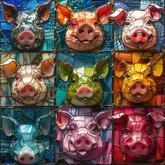 several pig heads are shown in stained glass panels, each with different colors and shapes