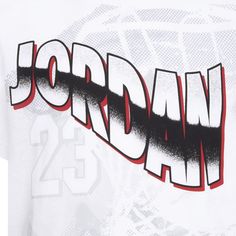 Is your child's ball game off the change? Then, they need clothing that represents they're a true baller or at least support his Airness and his contributions to the game. And with the lightweight, breathable material, your child will feel as cool as they look.Features: Short-sleeved. Crew neck. Features Jordan name across front. Has Jordan's player number. Jumpman on sleeve. Details: Relaxed fit. Machine washable. White T-shirt For Baseball Season Sports, White Team Logo Top For Streetwear, White Top With Team Logo For Streetwear, White Streetwear Top With Team Logo, Throwback Basketball Tops With Team Logo, White T-shirt For Baseball Season, Throwback Team-colored T-shirt For Sports, Collegiate Basketball Tops With Graphic Print, Collegiate Graphic Print Tops For Basketball