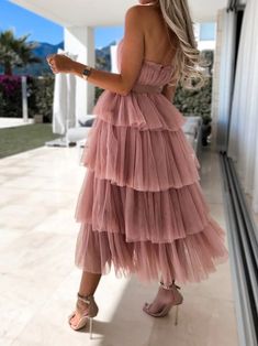 Women's Dresses Tube Top Mesh Lace-up Cake Party Dress Tiered Maxi Dress For Prom Season, Ruffled Maxi Dress For Banquet In Prom Season, Sleeveless Ruffle Tutu Dress For Party Season, Ruffled Tutu Dress For Prom Season, Pink Tiered Ruffle Dress For Party, Pink Tiered Tutu Dress For Party, Summer Bridesmaid Tutu Dress With Ruffles, Pink Tulle Ruffle Dress For Party, Ruffled Tutu Dress For Wedding And Prom Season