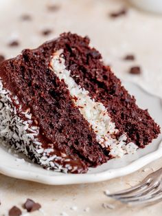 a slice of chocolate cake on a white plate