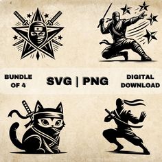 the silhouettes of ninja cats are shown in black and white, as well as an old