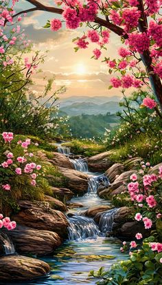 a painting of a stream with pink flowers in the foreground