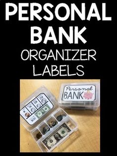 the personal bank organizer labels are organized and labeled with money in plastic containers on a wooden table