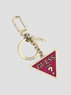 a keychain with the word guess on it and an upside down triangle shaped key chain