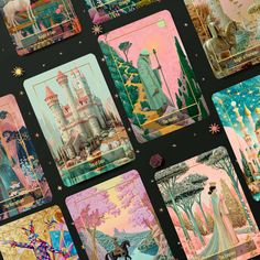 a collage of cards with images of fairy land and castle on them, all in different colors