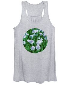 Purchase a tank-top featuring the design "Blooming  Light Blue Chives" by Ira Niva.  Available in sizes S - XXL.  Each tank-top is printed on-demand, ships within 1 - 2 business days, and comes with a 30-day money-back guarantee. Nicole Freeman, Abstract Poppies, Mixed Media Tags, Pink Tulips, Sleeveless Tops, Pink Roses, Design Details