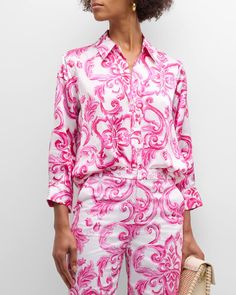 L'Agence Dani Printed Silk Blouse | Neiman Marcus Mediterranean Tile, White Silk Blouse, Heeled Rain Boots, High Heel Rain Boots, Printed Silk Blouses, Printed Silk, Italian Fabric, Dress With Boots, Silk Blouse