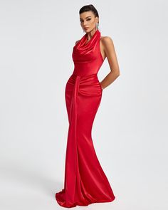 Looking for the perfect dress to make a statement at your next formal event? Look no further than our Halter Draped Satin Mermaid Maxi Dress! With its elegant halter neckline, flattering draped design, and luxurious satin fabric, this dress will make you feel like a true mermaid princess. Shine with confidence and grace in this stunning dress. Our Style No.KLYF1072 Satin FabricHeight - 68.9"/175cm Bust - 34.6"/88cm Waist - 25.6"/65cm Hips - 36.6"/93cm and wears size S About Wholesale/Dropshippin Glamorous Satin Halter Neck Dress For Weddings, Silk Fitted Halter Dress For Prom, Elegant Silk Halter Dress For Prom, Satin Halter Neck Evening Dress For Parties, Satin Fitted Halter Dress For Gala, Satin Evening Dress For Gala Banquets, Formal Satin Halter Dress With Fitted Bodice, Elegant Fitted Satin Halter Dress, Satin Evening Dress For Gala Banquet