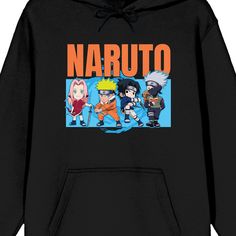 Get ready to show off your Naruto fandom with this black hooded sweatshirt. Featuring chibi images of Sakura, Naruto, Sasuke, and Kakashi, this officially licensed garment is a must-have for any fan. The adjustable hood adds extra style and warmth, while the blend of cotton and polyester ensures comfort and durability. Machine washable on cold with like colors, this sweatshirt is easy to care for. Elevate your Naruto fashion game with this cozy and stylish hoodie. Kawaii Hooded Sweatshirt With Graphic Print, Kawaii Streetwear Hoodie With Letter Print, Black Hooded Hoodie For Cosplay Events, Anime Print Hooded Top For Cosplay, Casual Hooded Top With Anime Print, Casual Anime Print Hooded Top, Kawaii Cartoon Print Hoodie For Streetwear, Anime Character Print Hooded Sweatshirt, Anime Hooded Sweatshirt With Character Print