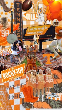 the collage is made up of many sports related items, including an orange and white background