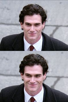 three different shots of a man wearing a suit and tie, smiling at the camera