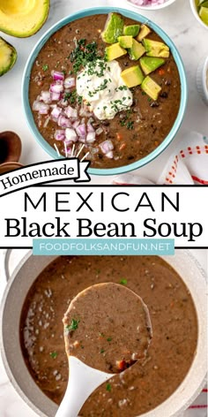 mexican black bean soup in a bowl with spoon