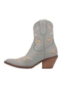 She wears flowers in her hair and flowers on her boots. The #Primrose is Dingo1969's take on boho vibes. Soft wearable leather, pretty embroidered flowers and lacing detail make the #Primrose ready for the garden party, the festival and nights on Lower Broadway. Kick your style up a notch. #Primrose #beautyandtheboot | Dingo Primrose Leather Bootie, Blue, 11M Hiker Style, Brown Slippers, Womens Duck Boots, Flowers In Her Hair, Perfect Heels, Pink Boots, Cute Boots, Duck Boots, Winter Boots Women