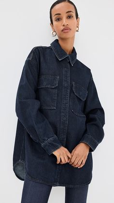 Good American Oversized Shirt | Shopbop Denim Blue Denim Jacket With Button Cuffs, Denim Long Sleeve Shacket With Button Closure, Dark Wash Button Closure Shacket For Fall, Dark Wash Shacket With Button Closure For Fall, Fall Dark Wash Shacket With Button Closure, Medium Wash Denim Top With Buttoned Pockets, Denim Shacket With Buttoned Pockets, Denim Blue Long Sleeve Shacket With Button Closure, Indigo Tops With Pockets For Fall