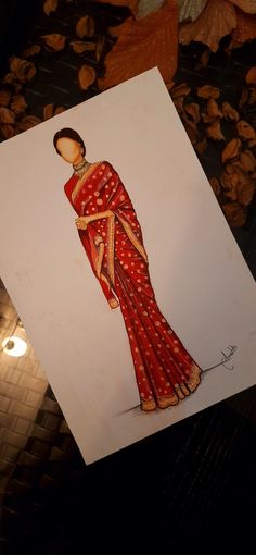 a drawing of a woman in a red sari