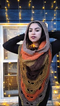 Made with acrylic yarn in hues of orange, brown, taupe and olive. The front has a lace-like feature that hangs low. The cowl is large enough to lift over your head.  This will fit many sizes and is plus size friendly. Brown Bohemian Shawl For Fall, One Size Brown Shawl For Festival, Bohemian Yarn Scarves For Fall, Handmade Brown Shawl For Fall, Orange Bohemian Shawl For Fall, Bohemian Brown Shawl For Winter, Brown Bohemian Shawl For Winter, Brown Fall Scarf, Crochet Thigh High Socks