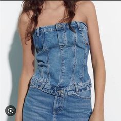 Super Cute And Stretchy Denim Corset Top. Very Flattering And Accentuates The Waist. New With Tags Pit To Pit : 15 Inches High Waist Blue Denim Top, Zara Fitted Dark Wash Denim Top, Fitted Zara Denim Top, Zara Fitted Denim Top, Trendy Blue Denim Top, Fitted Blue Denim Top By Zara, Zara Light Wash Fitted Denim Top, Fitted Denim Blue Jeans By Zara, Zara Fitted Denim Blue Jeans