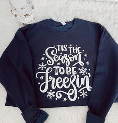 Navy sweatshirt with white wording.  CARE INSTRUCTIONS: -Wash items inside out in cold water -Dry items on low heat  -Do not bleach, do not dry clean, do not iron directly on the design. Crew Neck Tops With Lettering For Winter, Winter White Tops With Lettering, White Top With Lettering For Winter, White Tops With Lettering For Winter, White Lettered Tops For Winter, Christmas Sweatshirt Ideas, Happy Hoodie, Positive Clothes, Christmas Gifting