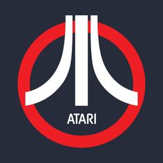 a red and white sign with the word atari in it's center on a black background