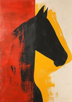 an abstract painting of a horse in red, yellow and black