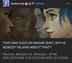 an image of two people with blue hair and one has the caption that says, that was such aninsane shot why is nobody talking about that?