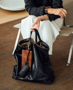 Black leather shopper with cognac hanging pouch and black spectacle cases by Bea Mombaers Foto Tips, Jane Birkin, Women Bags Fashion, Bags Fashion, Fun Bags, Leather Accessories