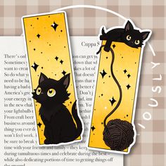 two bookmarks with black cats on them and one has a ball of yarn in it