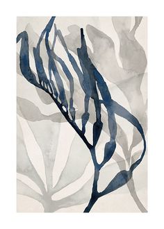 an abstract painting with blue and gray leaves