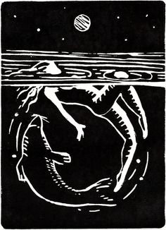 a black and white drawing of a person floating in the water with an object above them