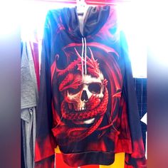 Red Dragon Skull Pullover Hoodie Nwt Size Large Has Kangaroo Pouch In The Front Drawstring Hood Could Easily Fit Size M-Xl Brand Is Fashion Wear Pet And Smoke Free Can Order You Any Other Size You Want! I Ship Same Day! Questions? Feel Free To Ask Me! Red Skull Print Top For Halloween, Punk Long Sleeve Hoodie With Skull Print, Red Crew Neck Halloween Hoodie, Red Crew Neck Hoodie For Halloween, Red Halloween Sweatshirt For Streetwear, Red Sweatshirt For Halloween Streetwear, Red Halloween Streetwear Sweatshirt, Red Casual Hoodie For Halloween, Casual Red Hoodie For Halloween