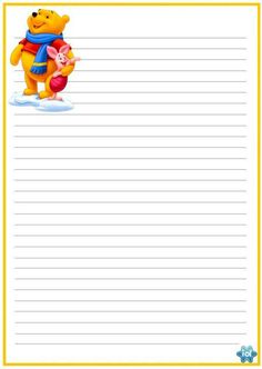 winnie the pooh lined paper with writing on it and an orange bear holding a red ball