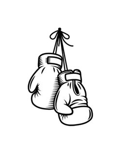 two boxing gloves hanging from a hook on a string, black and white drawing by hand