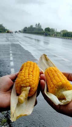 someone holding two corn cobs in their hands on the side of the road while it rains