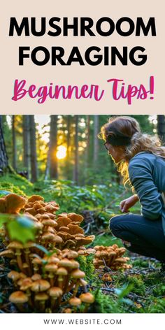 a woman kneeling down in front of mushrooms with the words mushroom foraging beginners tips