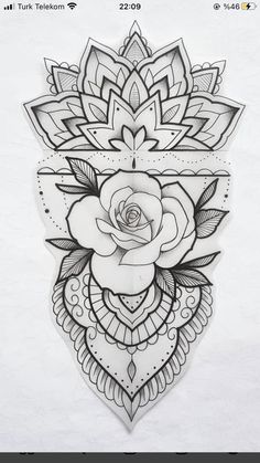 a drawing of a rose with leaves on the bottom and an intricate design in the middle