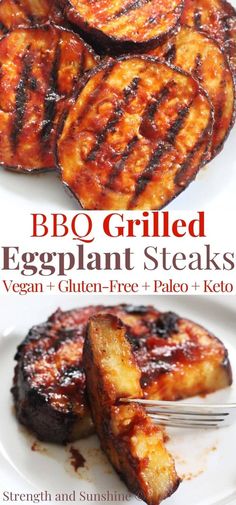 grilled eggplant steaks on a plate with a fork