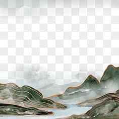 an artistic landscape with mountains and clouds in the sky, on a transparent background png clipart