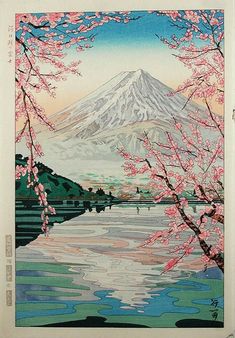 a painting of a mountain with cherry blossoms on it's branches and water in the foreground