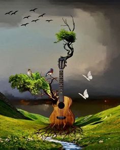 an image of a guitar with trees and birds on the top, in front of a cloudy sky