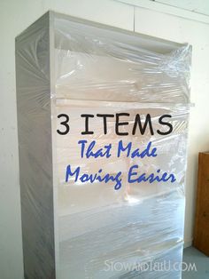 there are three items wrapped in plastic on top of each other and the words 3 items that make moving easier