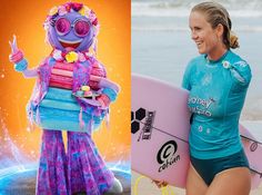 a woman holding a surfboard next to an image of a character on the beach