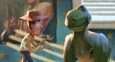 a painting of a boy standing next to a dinosaur