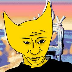 a drawing of a man with a yellow cat's head on top of his head