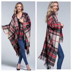 New! Chic Plaid, Super Soft Ruana Shawl With Fringe Accent. This Is So Gorgeous And Perfect For Fall, The Holidays, And To Carry You Through Winter. Beautiful Drape. Don’t Miss Out..Add To Your Outfit For An Effortless Look! Stored In A Smoke Free And Pet Free Home. B-W1 Oversized Black Sweater, Plaid Shawl, Cowl Neck Poncho, Turtleneck Poncho, Black Poncho, Womens Poncho, Hand Knit Shawl, Plaid Poncho, Poncho Wrap